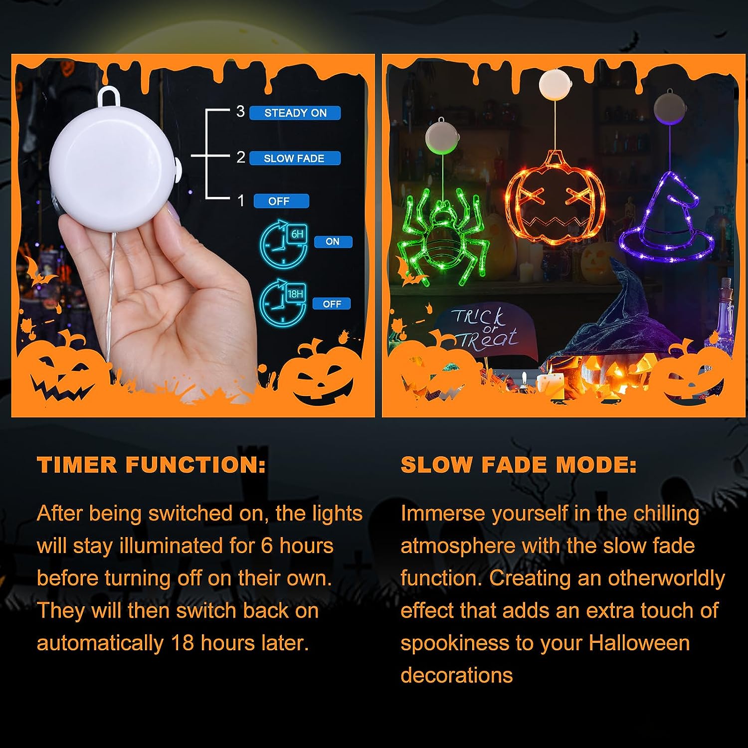 Halloween Deco Pack 3 Luces A Pilas Con Ventosa