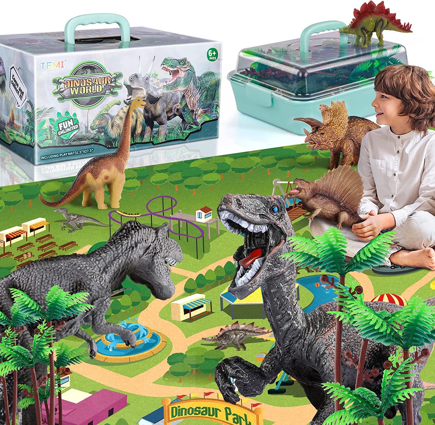 Juego De Dinosaurios con alfombra y 9 Figuras Realistas