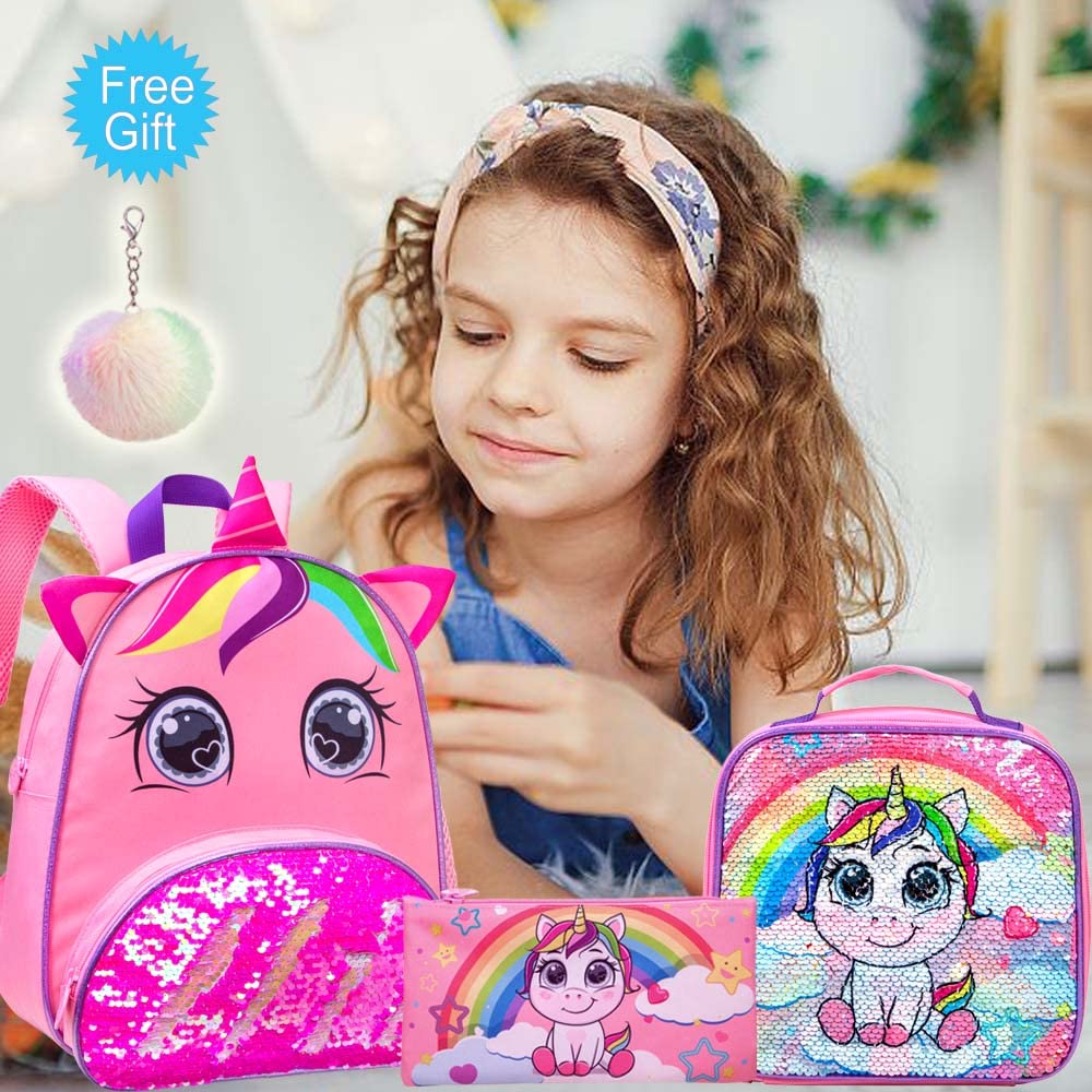 Mochila infantil con lentejuelas unicornio 3 piezas