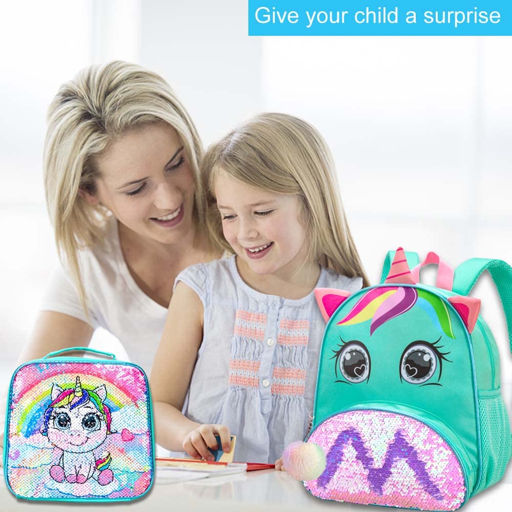 Mochila infantil con lentejuelas unicornio 3 piezas