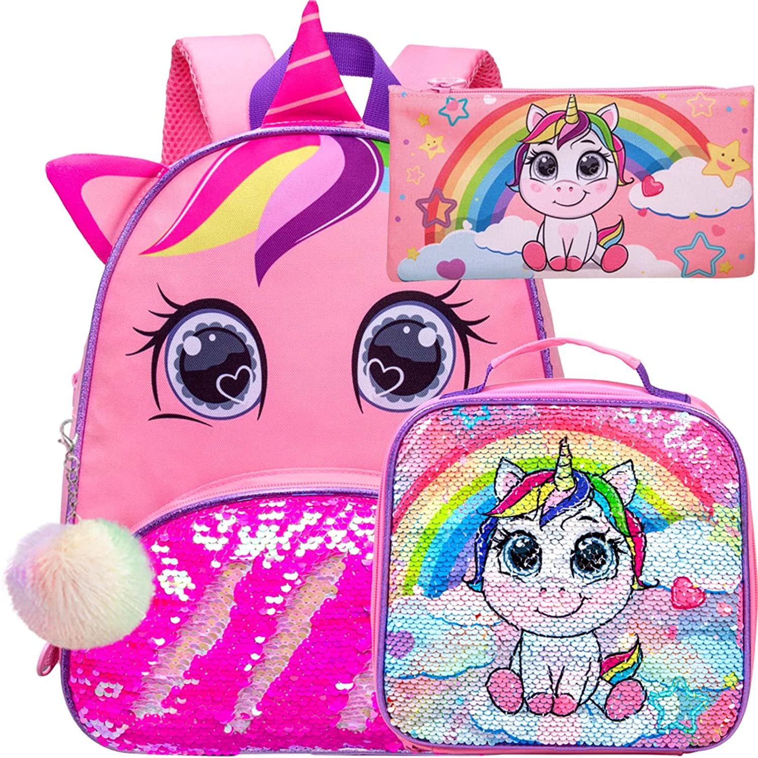 Mochila infantil con lentejuelas unicornio 3 piezas